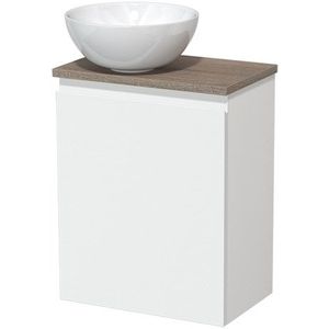 Toiletmeubel met waskom | 41 cm Mat wit Greeploos front Hoogglans wit Keramiek waskom Eiken blad