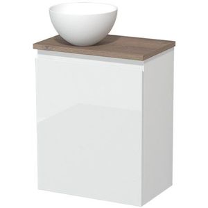 Toiletmeubel met waskom | 41 cm Hoogglans wit Greeploos front Mat wit Solid surface waskom Middenbruin eiken blad