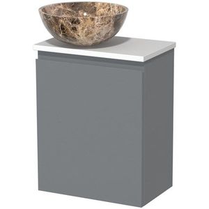 Toiletmeubel met waskom | 41 cm Middengrijs Greeploos front Dark emperador Natuursteen waskom Mat wit blad