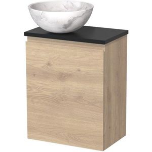 Toiletmeubel met waskom | 41 cm Lichtbruin eiken Greeploos front Wit marmer Natuursteen waskom Mat zwart blad