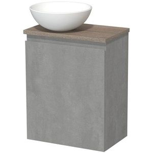 Toiletmeubel met waskom | 41 cm Lichtgrijs beton Greeploos front Mat wit Keramiek waskom Eiken blad
