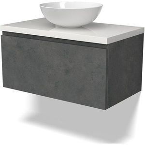 Modulo Plato Badkamermeubel voor waskom | 80 cm Donkergrijs beton Greeploos front Hoogglans wit blad 1 lade