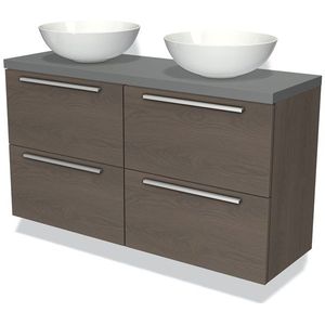 Modulo Plato Slim Badkamermeubel voor waskom | 120 cm Donkerbruin eiken Vlak front Middengrijs blad 4 lades