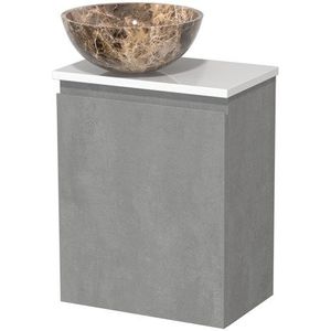 Toiletmeubel met waskom | 41 cm Lichtgrijs beton Greeploos front Dark emperador Natuursteen waskom Hoogglans wit blad