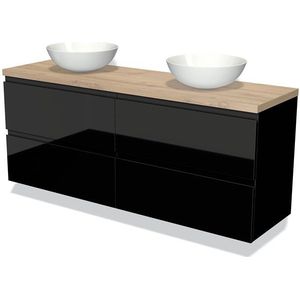 Modulo Plato Badkamermeubel voor waskom | 160 cm Hoogglans zwart Greeploos front Lichtbruin eiken blad 4 lades