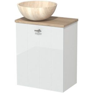 Toiletmeubel met waskom | 41 cm Hoogglans wit Lamel front Travertin Natuursteen waskom Lichtbruin eiken blad