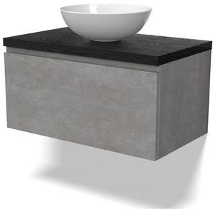 Modulo Plato Badkamermeubel voor waskom | 80 cm Lichtgrijs beton Greeploos front Zwart eiken blad 1 lade