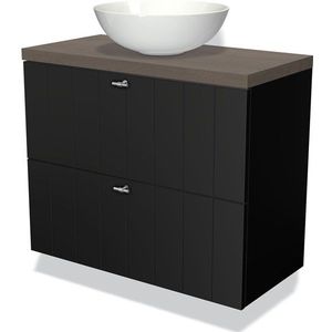 Modulo Plato Slim Badkamermeubel voor waskom | 80 cm Mat zwart Lamel front Donkerbruin eiken blad 2 lades onder elkaar