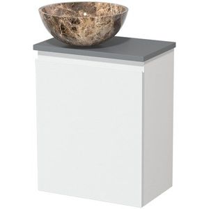 Toiletmeubel met waskom | 41 cm Mat wit Greeploos front Dark emperador Natuursteen waskom Middengrijs blad