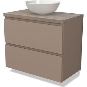 Modulo Plato Badkamermeubel voor waskom | 80 cm Taupe Greeploos front Eiken blad 2 lades onder elkaar