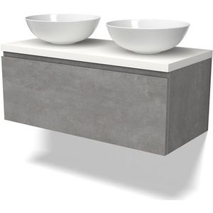 Modulo Plato Badkamermeubel voor waskom | 100 cm Lichtgrijs beton Greeploos front Mat wit blad 1 lade
