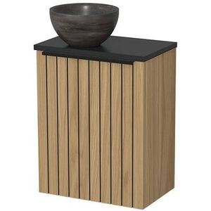 Toiletmeubel met waskom | 41 cm  Naturel fineer Strook front Blue stone Natuursteen waskom Mat zwart blad