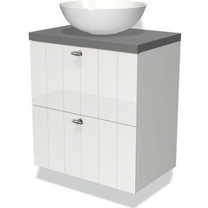 Modulo Plato Slim Badkamermeubel voor waskom | 60 cm Hoogglans wit Lamel front Middengrijs blad 2 lades onder elkaar