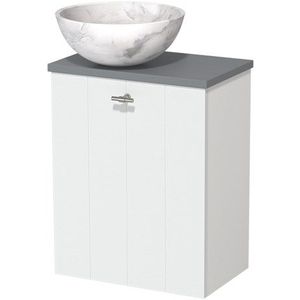 Toiletmeubel met waskom | 41 cm Mat wit Lamel front Wit marmer Natuursteen waskom Middengrijs blad