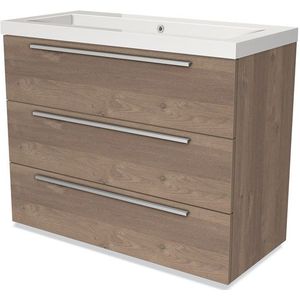 Modulo Badkamermeubel met wastafel | 100 cm Middenbruin eiken Vlak front Mineraalmarmer 3 lades