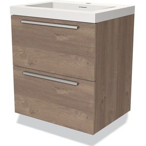 Modulo Badkamermeubel met wastafel | 60 cm Middenbruin eiken Vlak front Solid surface 2 lades onder elkaar