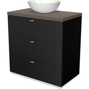 Modulo Plato Badkamermeubel voor waskom | 80 cm Mat zwart Lamel front Donkerbruin eiken blad 3 lades