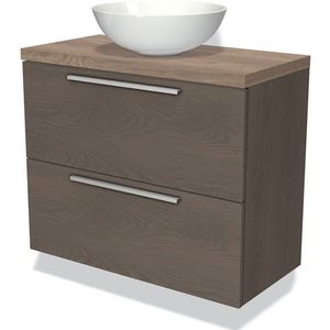 Modulo Plato Slim Badkamermeubel voor waskom | 80 cm Donkerbruin eiken Vlak front Middenbruin eiken blad 2 lades onder elkaar