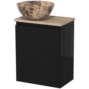 Toiletmeubel met waskom | 41 cm Zwart eiken Greeploos front Dark emperador Natuursteen waskom Lichtbruin eiken blad