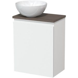 Toiletmeubel met waskom | 41 cm Mat wit Greeploos front Hoogglans wit Keramiek waskom Donkerbruin eiken blad