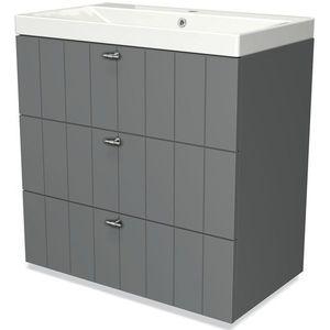 Modulo Badkamermeubel met wastafel | 80 cm Middengrijs Lamel front Keramiek 3 lades