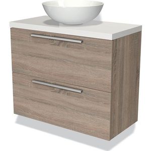 Modulo Plato Slim Badkamermeubel voor waskom | 80 cm Eiken Vlak front Hoogglans wit blad 2 lades onder elkaar