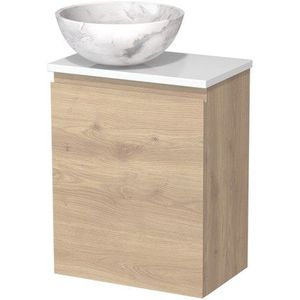 Toiletmeubel met waskom | 41 cm Lichtbruin eiken Greeploos front Wit marmer Natuursteen waskom Hoogglans wit blad