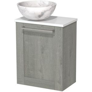 Toiletmeubel met waskom | 41 cm Grijs eiken Kader front Wit marmer Natuursteen waskom Hoogglans wit blad