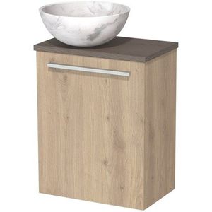 Toiletmeubel met waskom | 41 cm Lichtbruin eiken Vlak front Wit marmer Natuursteen waskom Donkerbruin eiken blad