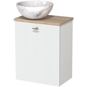 Toiletmeubel met waskom | 41 cm Mat wit Lamel front Wit marmer Natuursteen waskom Lichtbruin eiken blad