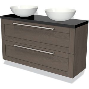 Modulo Plato Slim Badkamermeubel voor waskom | 120 cm Donkerbruin eiken Kader front Hoogglans zwart blad 2 lades onder elkaar