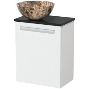 Toiletmeubel met waskom | 41 cm Mat wit Vlak front Dark emperador Natuursteen waskom Mat zwart blad