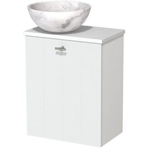 Toiletmeubel met waskom | 41 cm Mat wit Lamel front Wit marmer Natuursteen waskom Mat wit blad