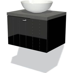 Modulo Plato Badkamermeubel voor waskom | 60 cm Hoogglans zwart Lamel front Donkergrijs beton blad 1 lade