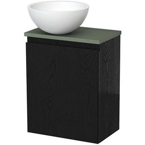 Toiletmeubel met waskom | 41 cm Zwart eiken Greeploos front Mat wit Solid surface waskom Saliegroen blad