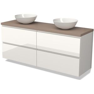 Modulo Plato Badkamermeubel voor waskom | 160 cm Hoogglans wit Greeploos front Taupe blad 4 lades