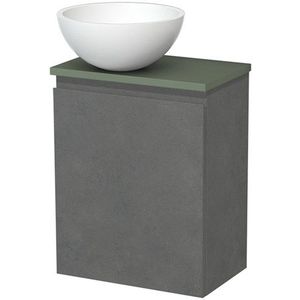 Toiletmeubel met waskom | 41 cm Donkergrijs beton Greeploos front Mat wit Solid surface waskom Saliegroen blad