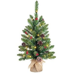 Black Box Creston kerstboompje in jute zak | groen met LED lampjes & besjes | 60cm