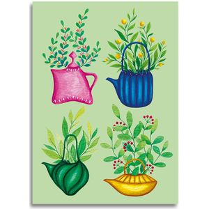 Art by Andu Wenskaart 4 Tea Pots Green
