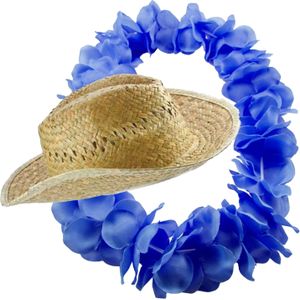 Carnaval verkleed set - Tropische Hawaii party - stro beach hoed - met volle bloemenslinger blauw - volwassenen