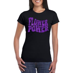 Zwart Flower Power t-shirt met paarse letters dames - Sixties/jaren 60 kleding