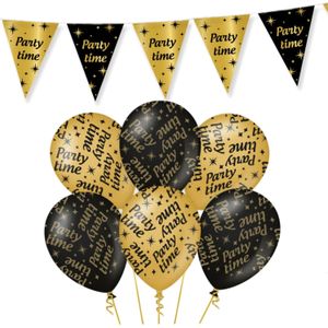 Leeftijd verjaardag feestartikelen pakket vlaggetjes/ballonnen Party Time thema zwart/goud - 18x ballonnen/3x vlaggenlijnen