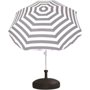 Voordelige set: grijs/wit gestreepte parasol en rotan  kunststof parasolvoet zwart - diameter parasol 180 cm