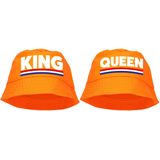 King en Queen bucket zonnehoedjes oranje katoen voor Koningsdag/ EK/ WK / Holland - Setje voor man en vrouw