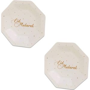 8x stuks Ramadan Mubarak thema bordjes wit/goud 18 cm - Suikerfeest/Offerfeest decoraties