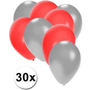 30x ballonnen - 27 cm zilver / rode versiering