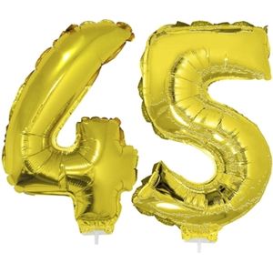 45 jaar leeftijd feestartikelen/versiering cijfers ballonnen op stokje van 41 cm - Combi van cijfer 45 in het goud