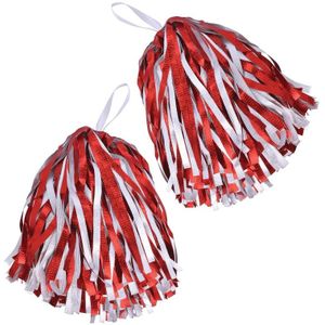 2x Cheerballs/Pompoms in het rood/wit  - Cheerleaders verkleed accessoires