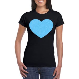 Bellatio Decorations Verkleed shirt voor dames - hart - zwart - blauw glitter - carnaval/themafeest