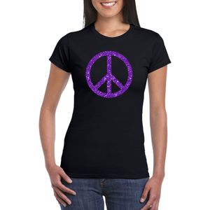 Zwart Flower Power t-shirt paarse glitter peace teken dames - Sixties/jaren 60 kleding
